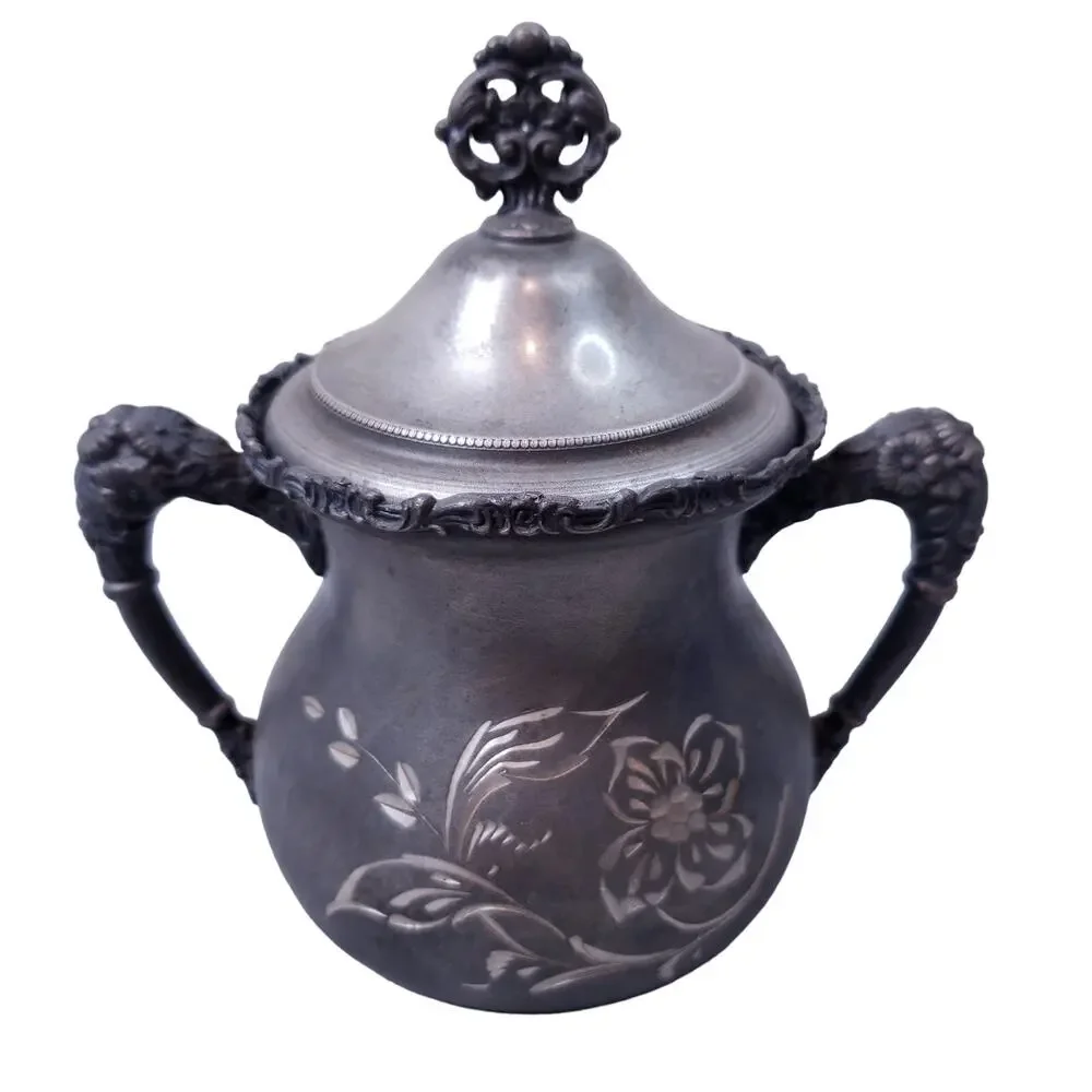 Antique Silverplate Etched Spooner Sugar Creamer 4pc Set Engraved Vintage Decor